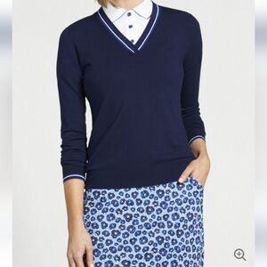 PETER MILLAR dark navy “Marlene Tipped V-Neck Sport Golf Sweater”. Size …